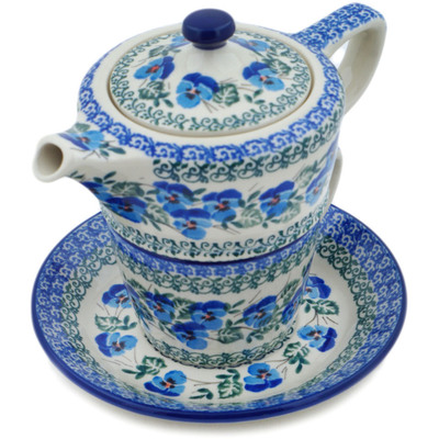 Polish Pottery Tea Set for One 13 oz Blue Pansy