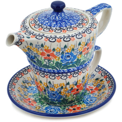 Polish Pottery Tea Set for One 13 oz Golden Daisies UNIKAT