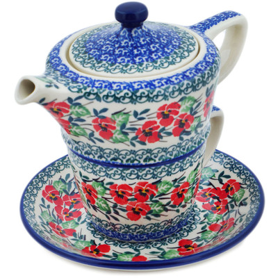 Polish Pottery Tea Set for One 13 oz Red Pansy