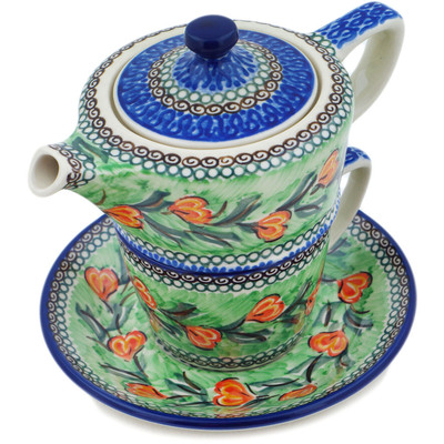 Polish Pottery Tea Set for One 13 oz Tulip Wreath UNIKAT