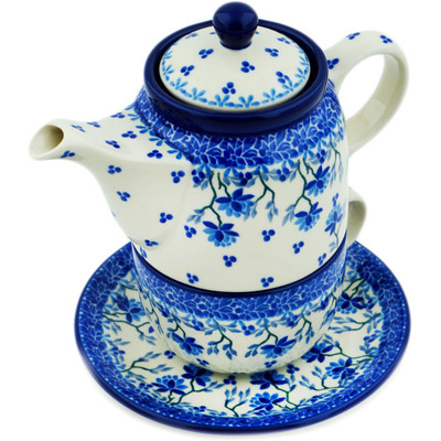 Polish Pottery Tea Set for One 17 oz Blue Grapevine