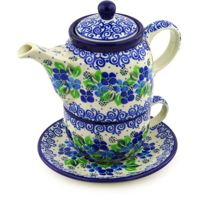 Polish Pottery Tea Set for One 17 oz Blue Phlox