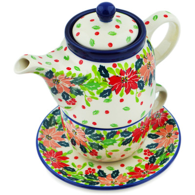 Polish Pottery Tea Set for One 17 oz Christmas Flower UNIKAT