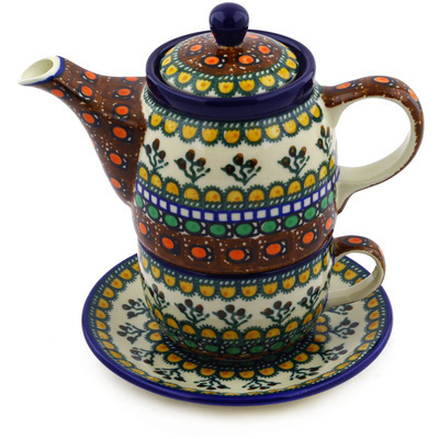 Polish Pottery Tea Set for One 17 oz Cranberry Medley UNIKAT