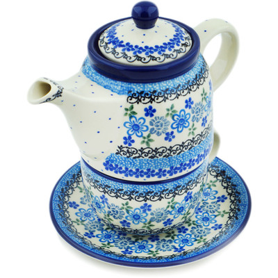 Polish Pottery Tea Set for One 17 oz Light Blue Lace
