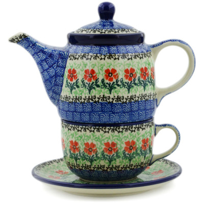 Polish Pottery Tea Set for One 17 oz Maraschino