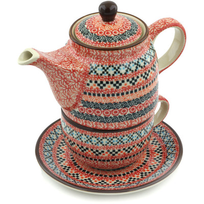 Polish Pottery Tea Set for One 17 oz Orange Kaleidoscope UNIKAT