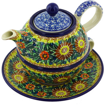 Polish Pottery Tea Set for One 22 oz Autumn Sunflower UNIKAT
