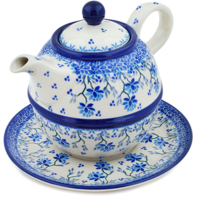 Polish Pottery Tea Set for One 22 oz Blue Grapevine