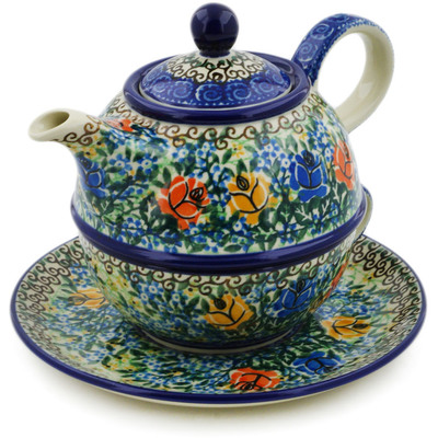 Polish Pottery Tea Set for One 22 oz Bluebonnets And Roses UNIKAT