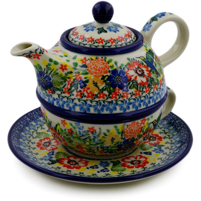 Polish Pottery Tea Set for One 22 oz Hummingbird Meadow UNIKAT