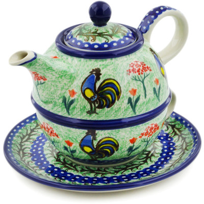 Polish Pottery Tea Set for One 22 oz Rooster Dance UNIKAT