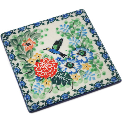 Polish Pottery Tile 4&quot; Hummingbird Meadow UNIKAT