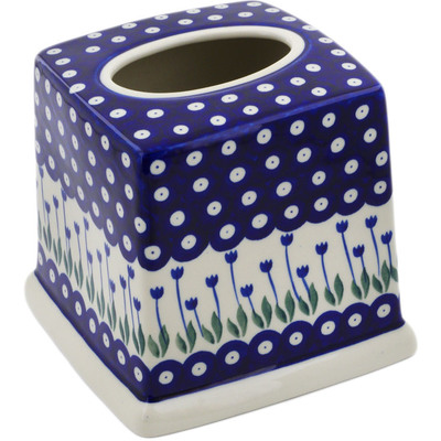 Polish Pottery Tissue Box Cover 6&quot; Blue Tulip Peacock