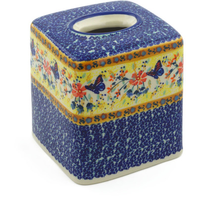 Polish Pottery Tissue Box Cover 6&quot; Butterfly Summer Garden UNIKAT