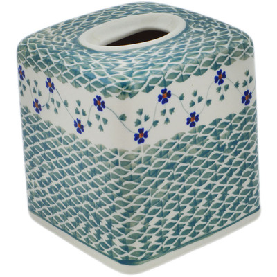 Polish Pottery Tissue Box Cover 6&quot; Lucky Blue Clover