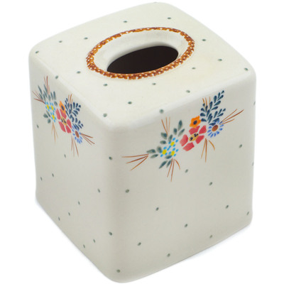 Polish Pottery Tissue Box Cover 6&quot; Rustic Field Flowers Red