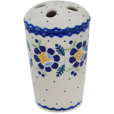 Polish Pottery Toothbrush Holder 5&quot; Orange And Blue Flower