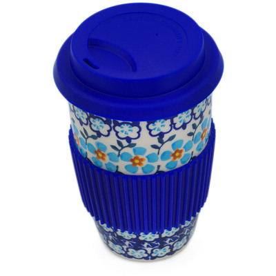 Polish Pottery Travel Coffee Mug Blue Chain UNIKAT