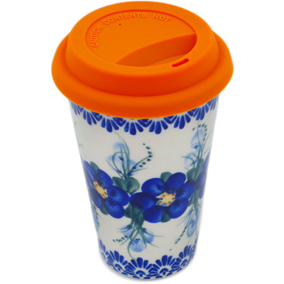 Polish Pottery Travel Coffee Mug Blue Wildflower UNIKAT
