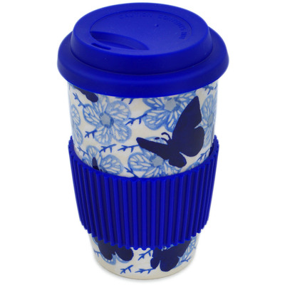 Polish Pottery Travel Coffee Mug Cobalt Butterflies UNIKAT