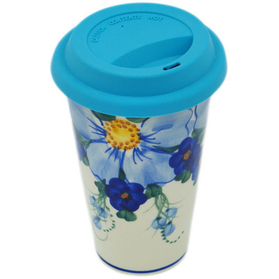 Polish Pottery Travel Coffee Mug Himalayan Blue Poppy UNIKAT