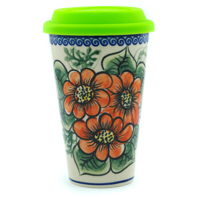 Polish Pottery Travel Coffee Mug Orange Bouquet UNIKAT