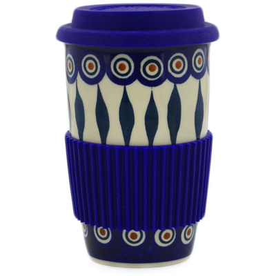 Polish Pottery Travel Coffee Mug Peacock