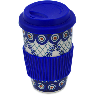 Polish Pottery Travel Coffee Mug Peacock Lattice UNIKAT