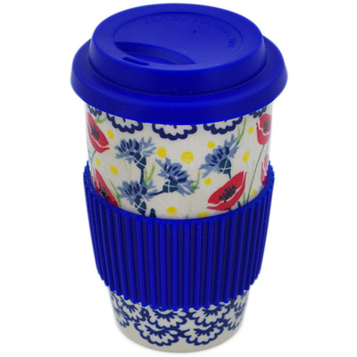 Polish Pottery Travel Coffee Mug Poppies And Cornflowers UNIKAT