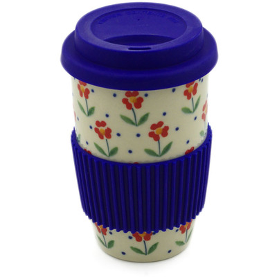 Polish Pottery Travel Coffee Mug Red Primrose