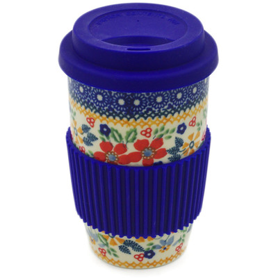 Polish Pottery Travel Coffee Mug Ruby Bouquet UNIKAT