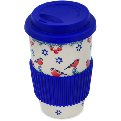 Polish Pottery Travel Coffee Mug Winter Bullfinch