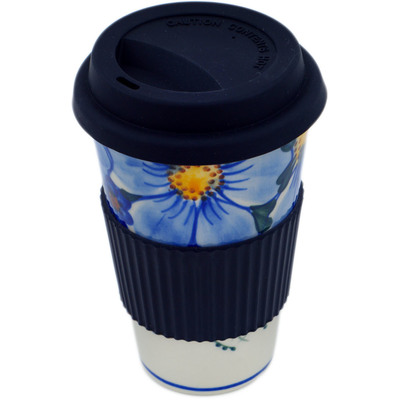Polish Pottery Travel Coffee Mug with Sleeve Himalayan Blue Poppy UNIKAT