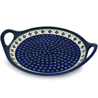 Polish Pottery Tray with Handles 13&quot; Green Gingham Peacock