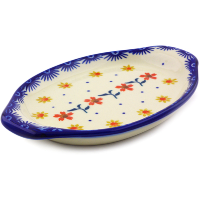 Polish Pottery Tray with Handles 7&quot; Red Sunflower