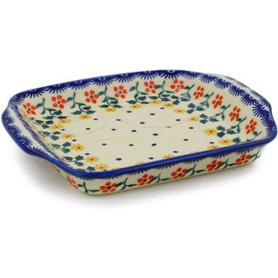 Polish Pottery Tray with Handles 8&quot; Red Sunflower