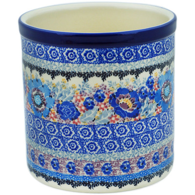 Polish Pottery Utensil Jar 6&quot; Beautiful Blues UNIKAT