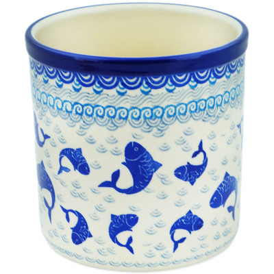 Polish Pottery Utensil Jar 6&quot; Blue Herring Waters