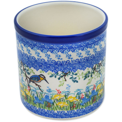 Polish Pottery Utensil Jar 6&quot; Kingfisher Bird UNIKAT