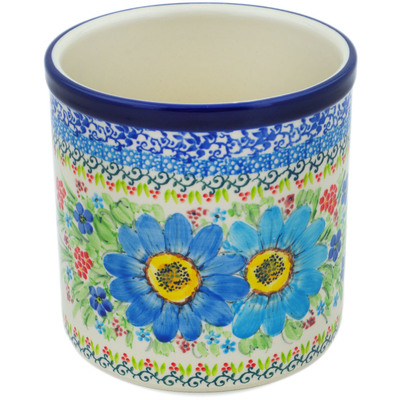 Polish Pottery Utensil Jar 6&quot; Springtime Flowers Bouquet UNIKAT
