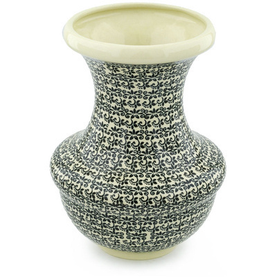 Polish Pottery Vase 10&quot; Black Lace Vines