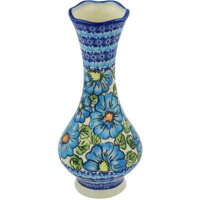 Polish Pottery Vase 10&quot; Bold Blue Poppies UNIKAT