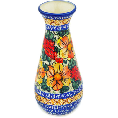 Polish Pottery Vase 10&quot; Colorful Bouquet UNIKAT