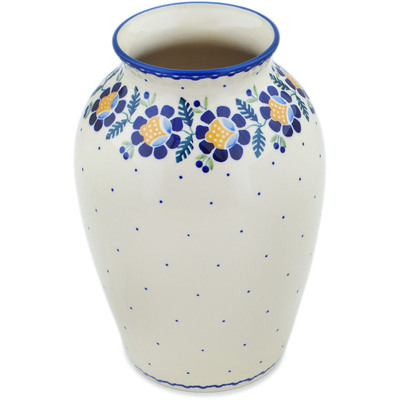 Polish Pottery Vase 10&quot; Orange And Blue Flower