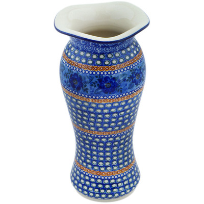 Polish Pottery Vase 11&quot; Blue Poppy Circle UNIKAT