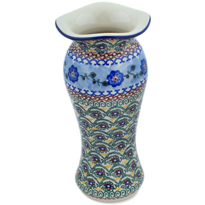 Polish Pottery Vase 11&quot; Blue Poppy Circle UNIKAT