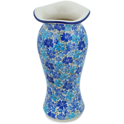 Polish Pottery Vase 11&quot; Fields Of Blue UNIKAT