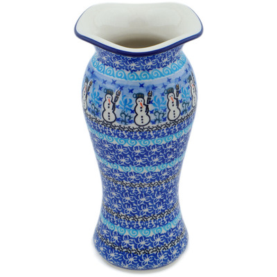 Polish Pottery Vase 11&quot; Snowmen Circle UNIKAT