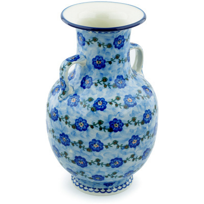Polish Pottery Vase 12&quot; Blue Pansy Vines UNIKAT